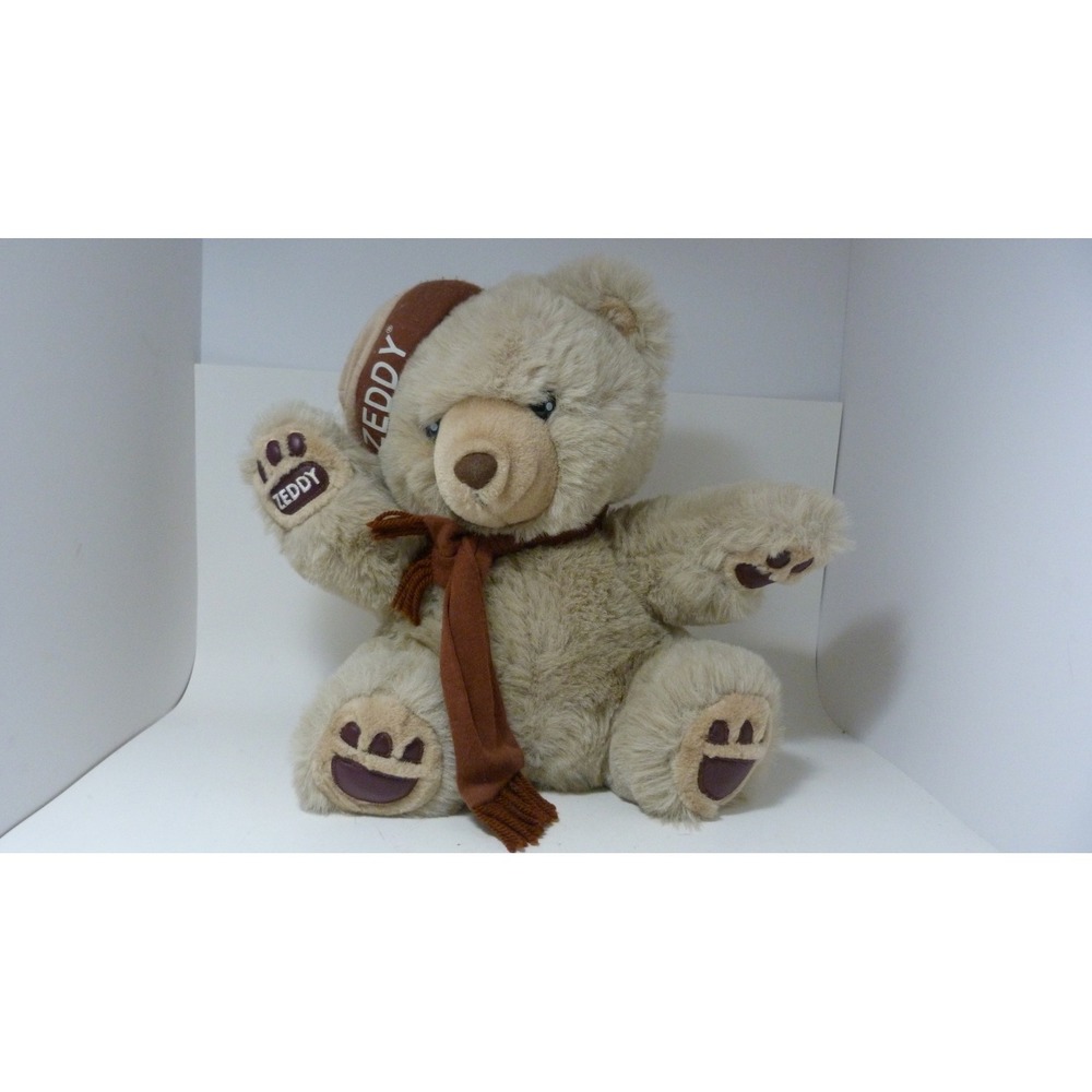 Vintage Zeddy Bear Zellers Mascot Plush Tan Stuffed Animal Brown Scarf Hat
